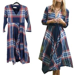 Anthropology Isabella‎ Sinclair Dress Tartan Plaid Handkerchief Midi Blue XS